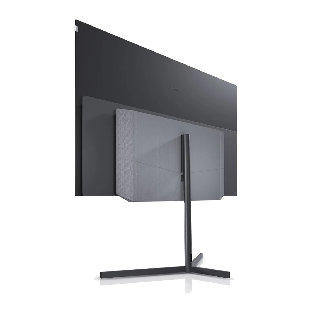 Loewe floor stand motor s.77 in Graphite Grey, Rückansicht mit montiertem Fernseher