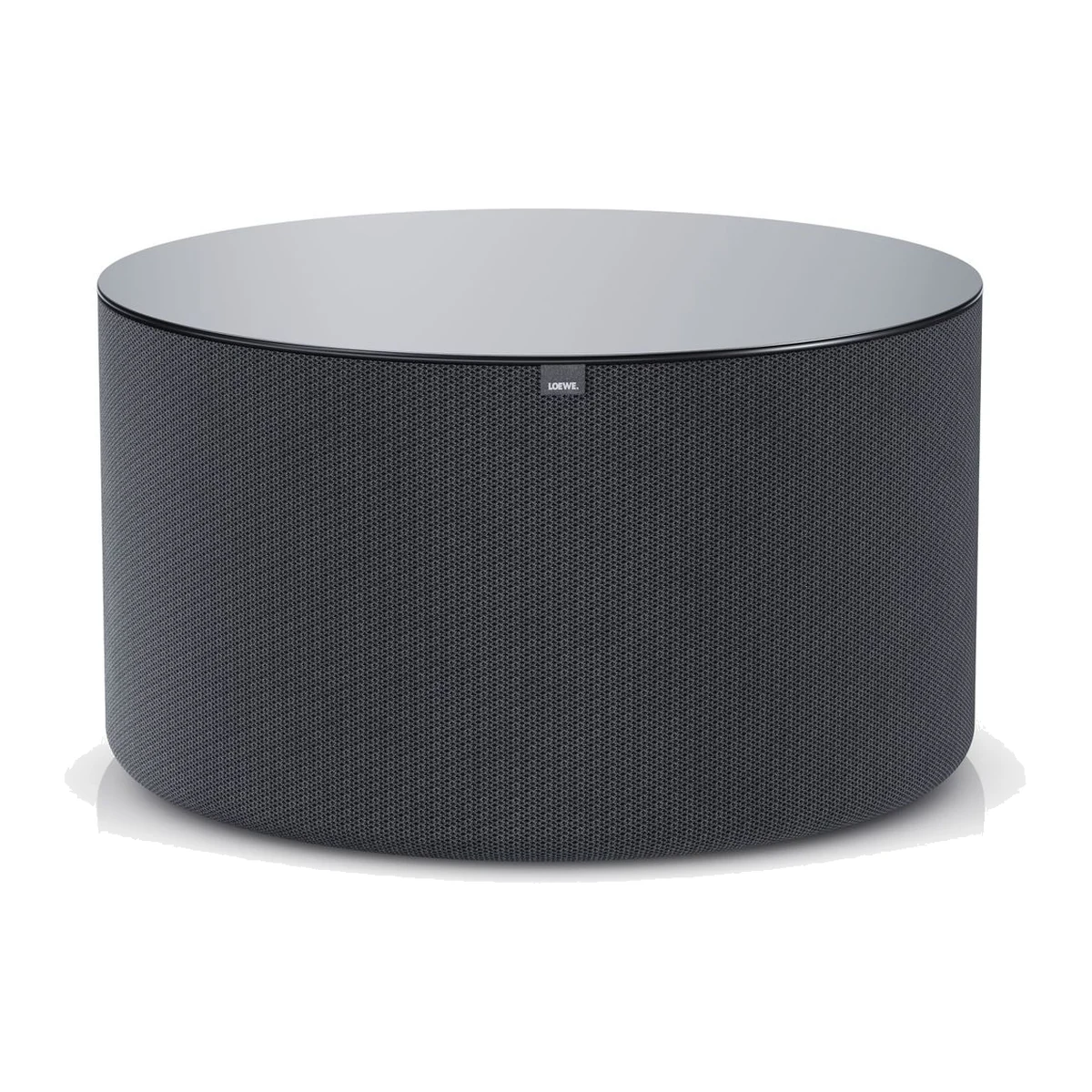 Loewe klang sub5 Subwoofer in Basalt Grey, Schrägansicht mit Glasdeckel
