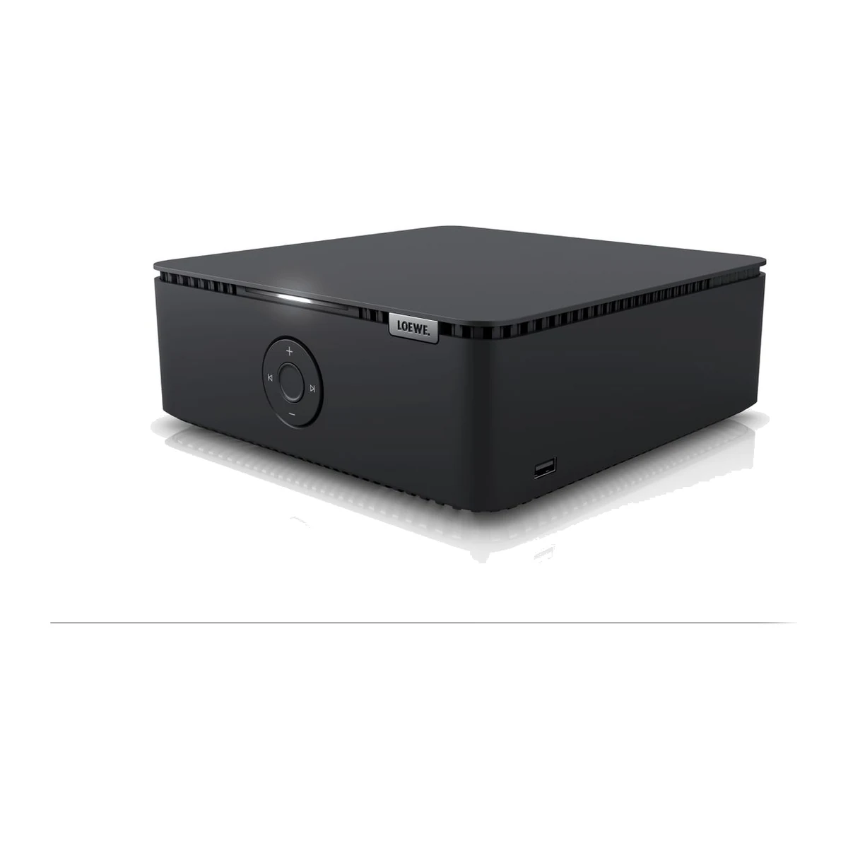 Loewe multi.room amp Streaming-Verstärker in Schwarz, Schrägansicht von vorne mit Bedientasten