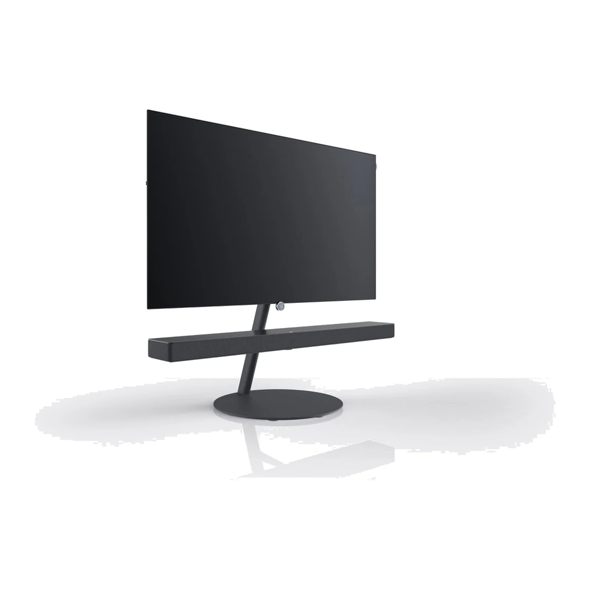 Loewe floor stand flex Standfuss in Basalt Grey mit montierter Soundbar