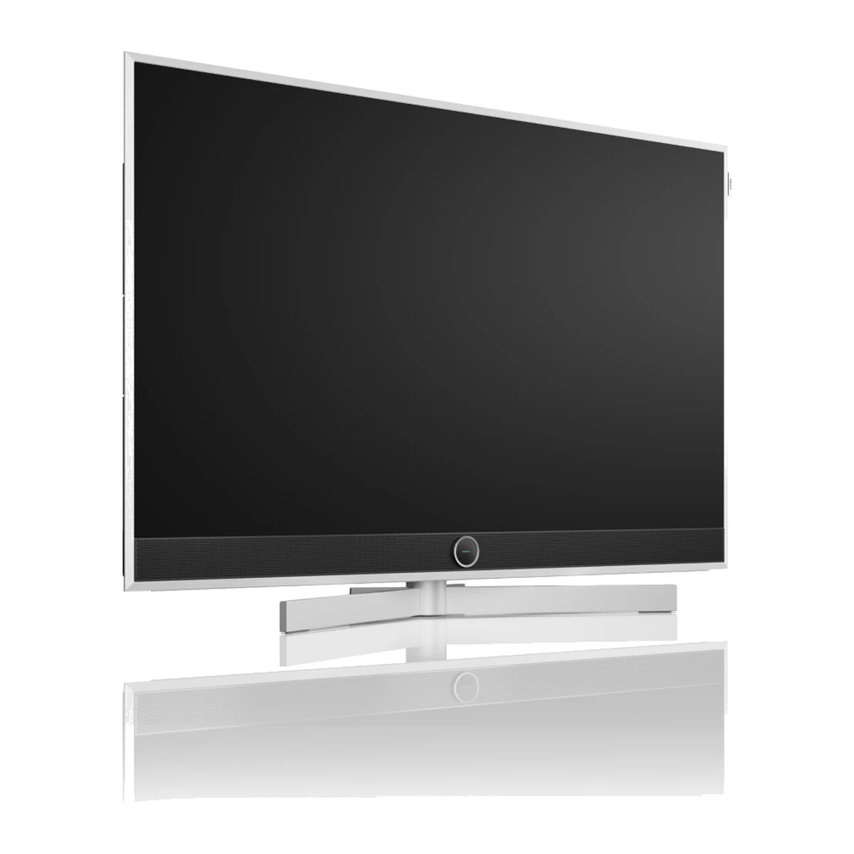Loewe stellar 42 OLED-Fernseher, seitliche Ansicht mit Aluminium-Rahmen und Beton-Abdeckung