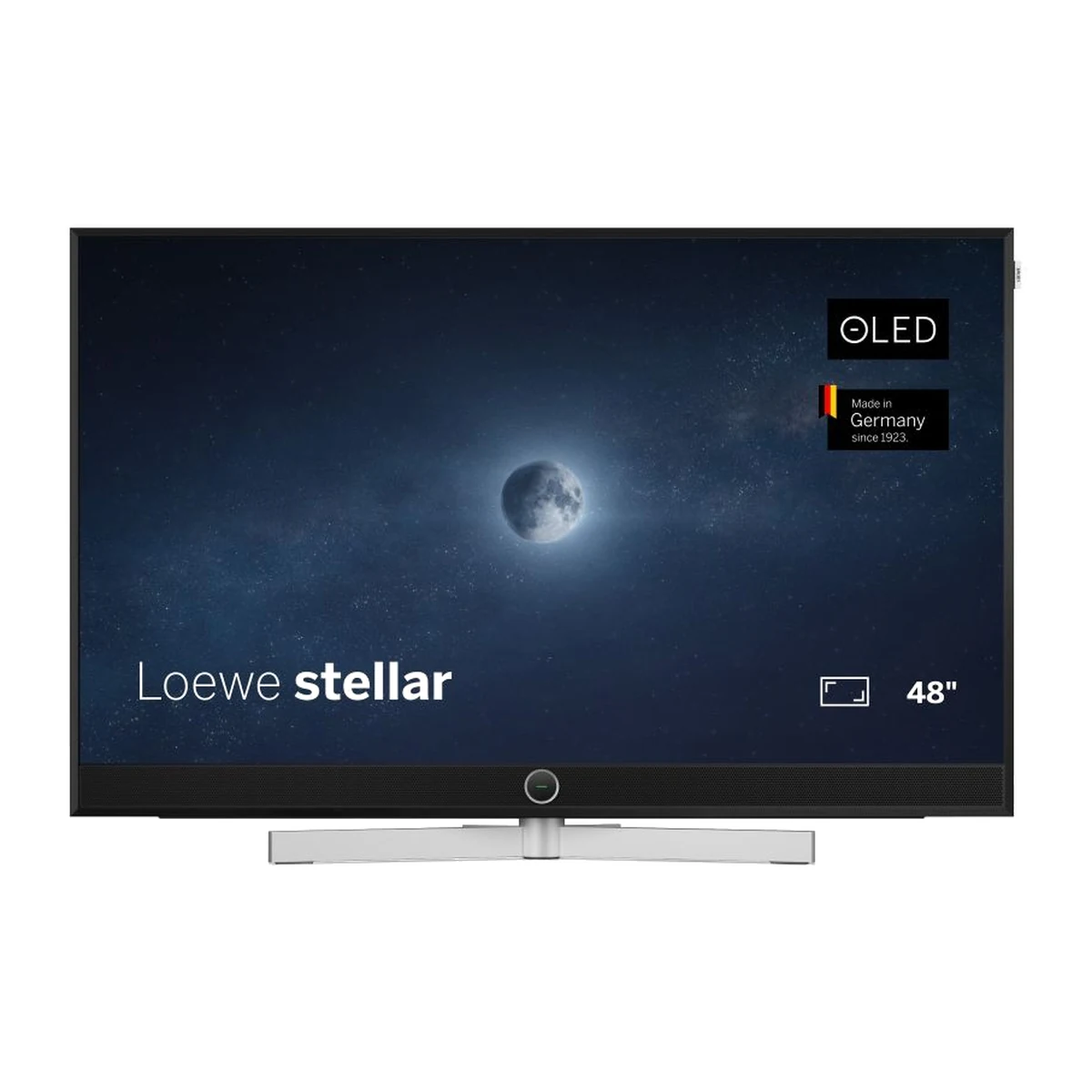 Loewe stellar 48 OLED-Fernseher in alu black mit Lava-Stoffblende, Frontansicht