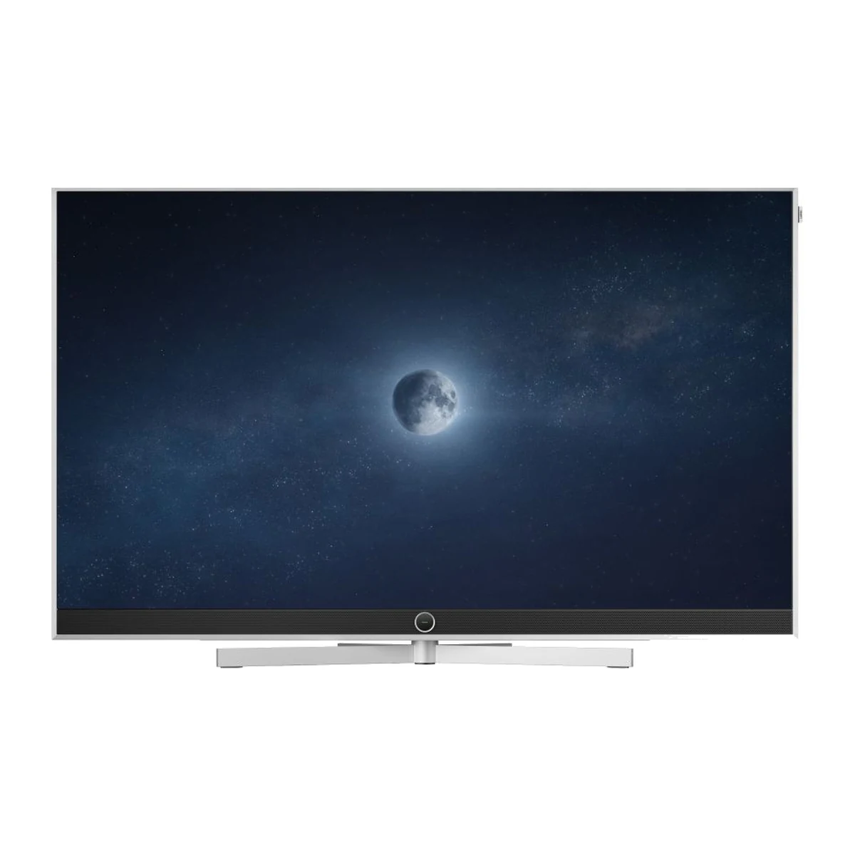 Loewe stellar 65 dr+ in alu + alu matt, 65-Zoll-OLED-Fernseher mit Tischfuss von vorne