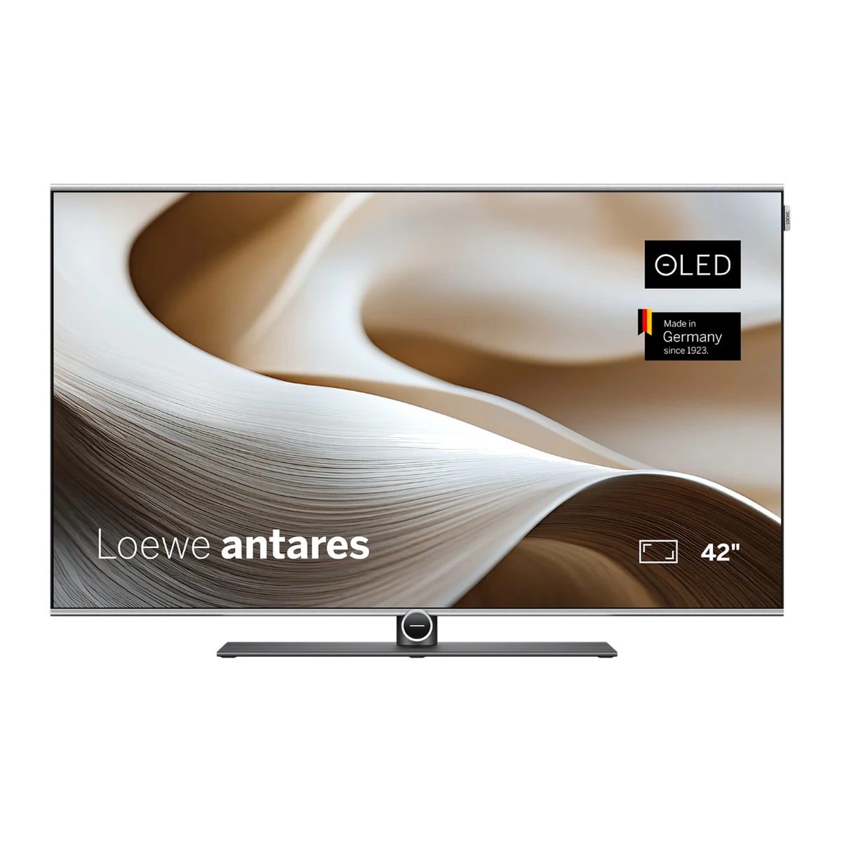Loewe antares 42 OLED-Fernseher in Aluminium Silber, Frontansicht mit Tischfuss