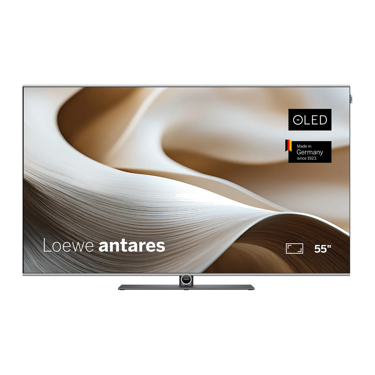 Loewe antares 55 OLED-Fernseher in Alu Silver mit integrierter Soundbar und Tischfuss