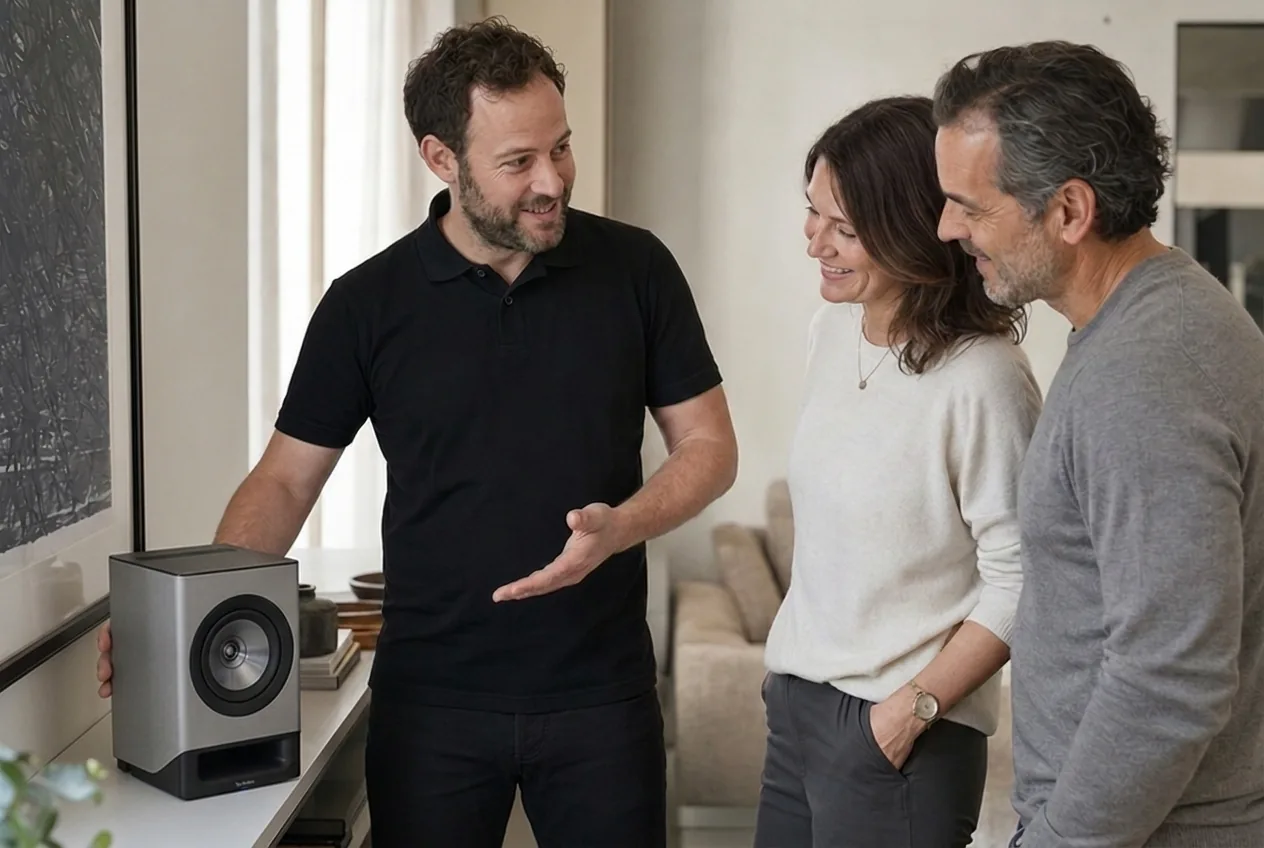 ars musica Berater praesentiert einem Paar einen Technics SC-CX700 Kompaktlautsprecher
