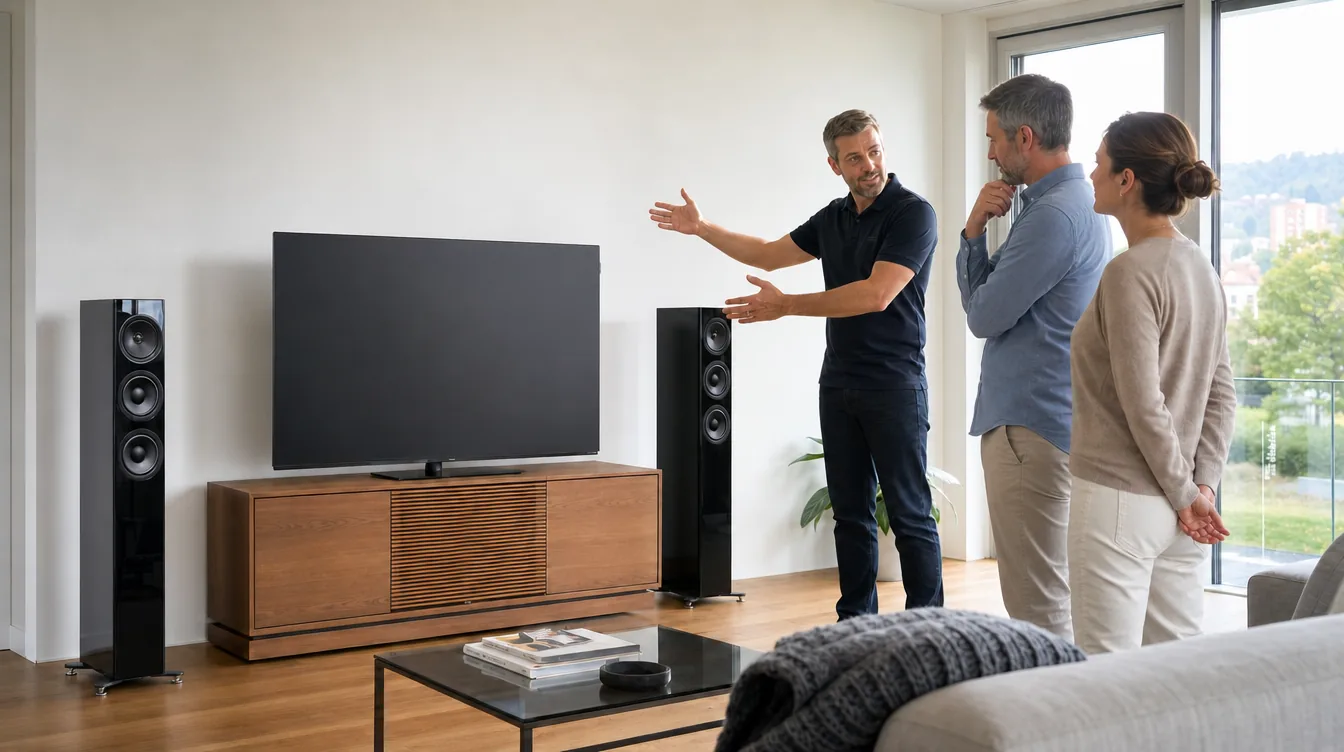 Heimberatung ars musica: Fachberater erklärt einem Paar zuhause die richtige Platzierung von Fernseher und Lautsprechern