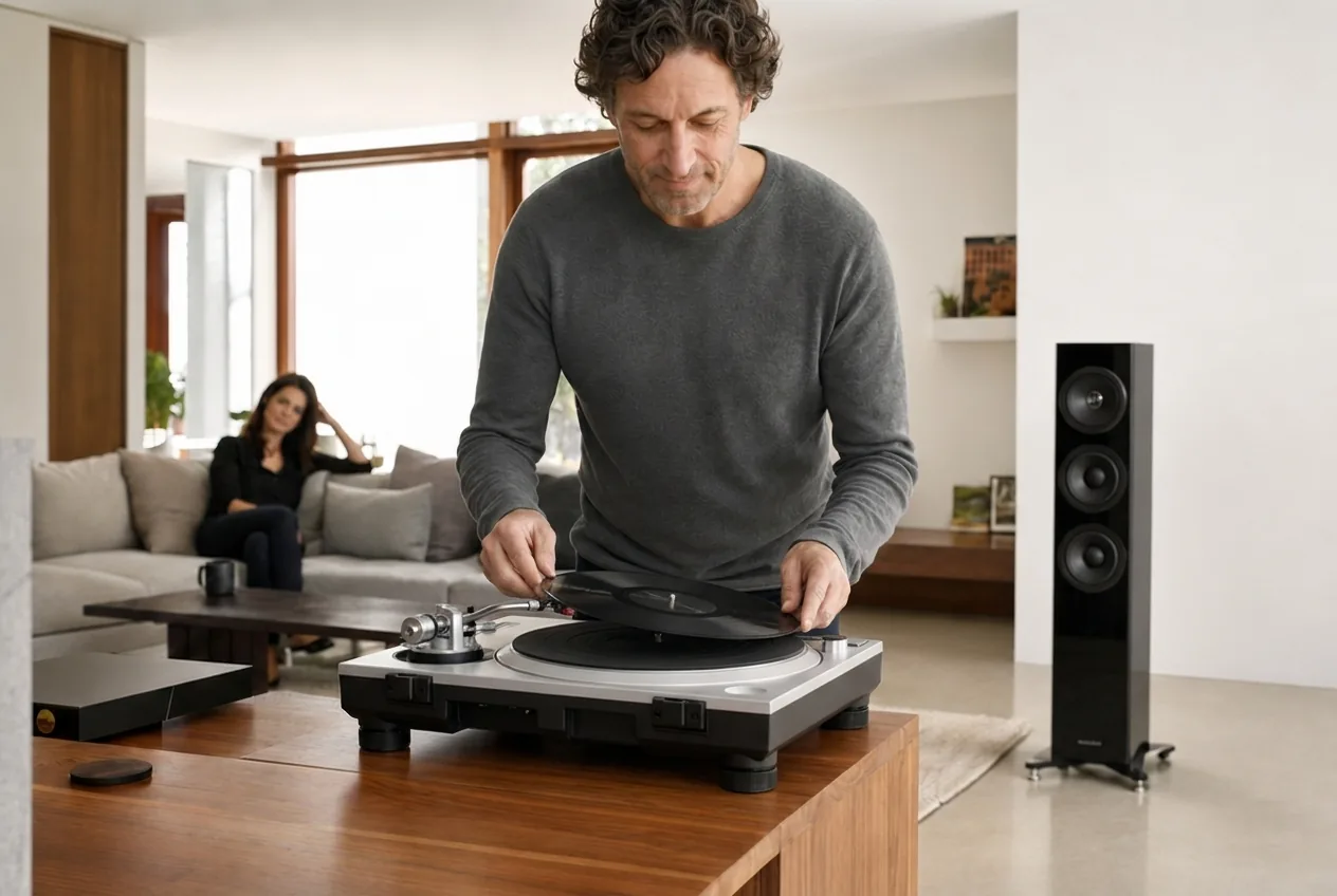 Mann legt eine Schallplatte auf einen Technics SL-1500C Plattenspieler, Frau entspannt auf dem Sofa
