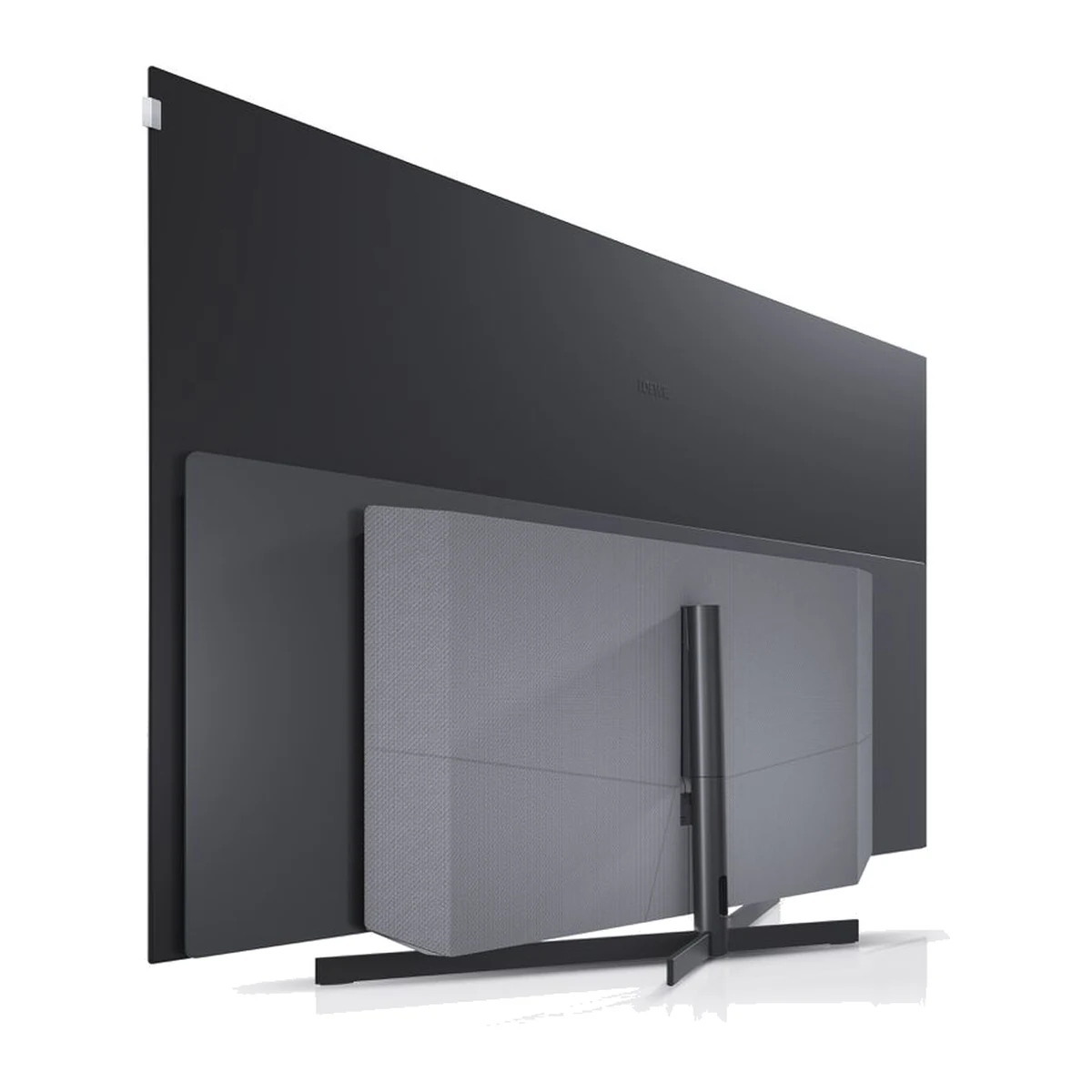 Loewe table stand motor s.77 in Graphite Grey, motorisierter Tischfuss mit Loewe Fernseher von hinten