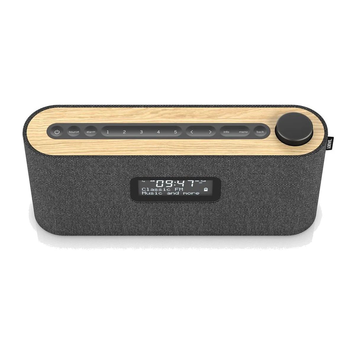 Loewe radio.frequency in Basalt Grey, Ansicht von oben mit Holzblende und Bedienelementen