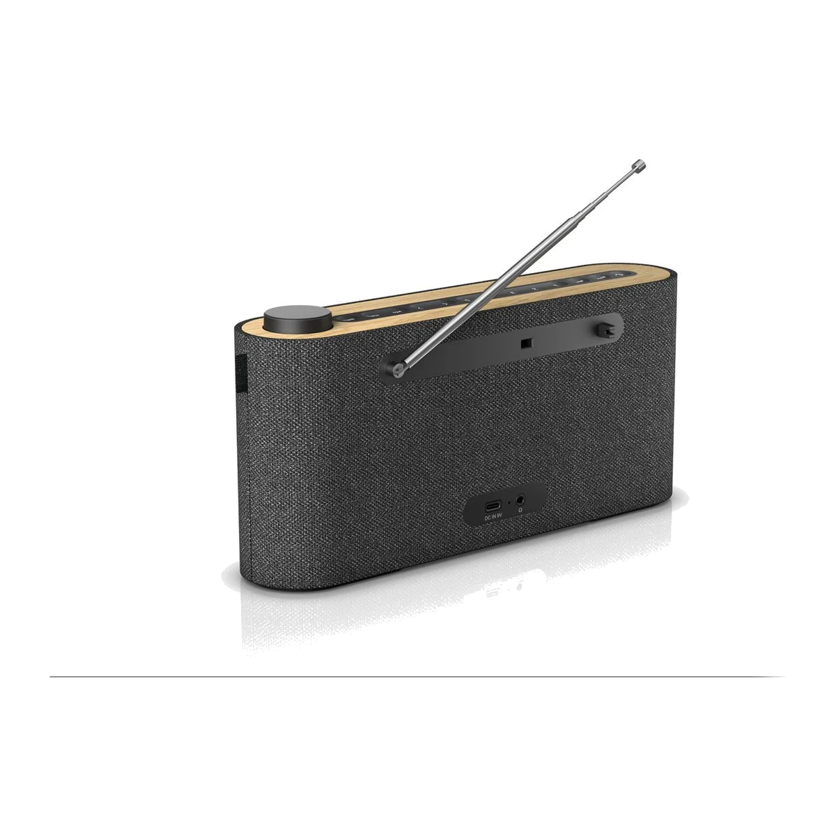 Loewe radio.frequency in Basalt Grey, Rückseite mit ausgezogener Antenne
