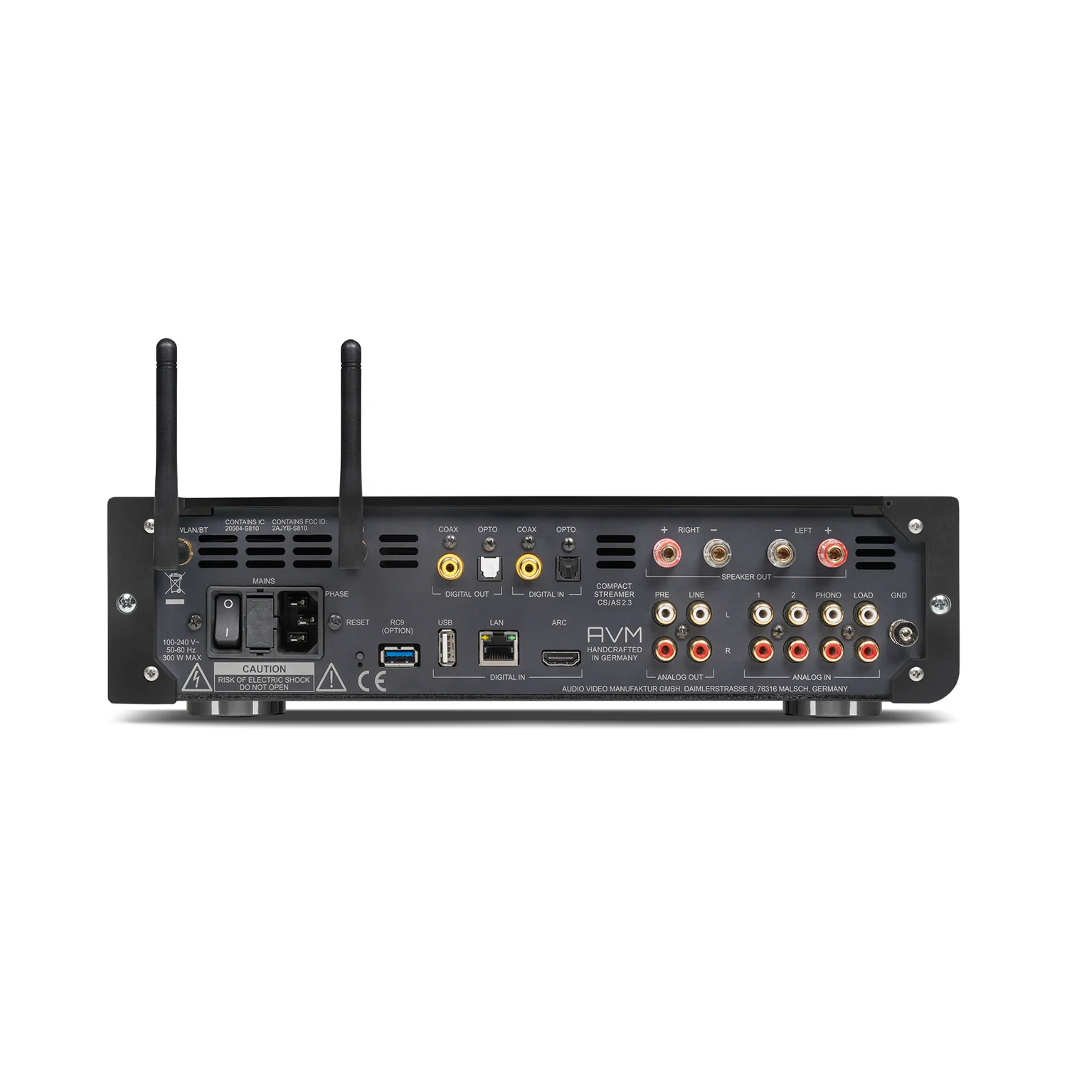 AVM AS 2.3 Rückseite mit Lautsprecherklemmen, Phono-, Digital- und HDMI-ARC-Eingang