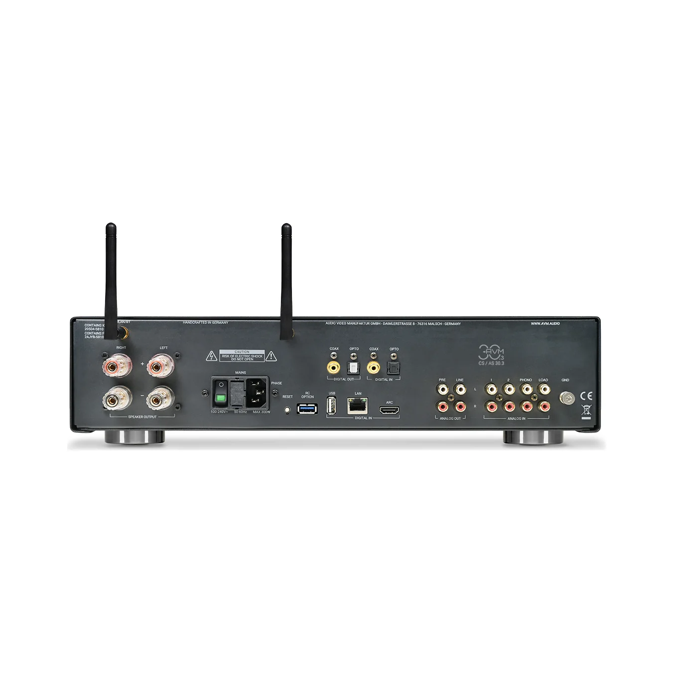 AVM AS 30.3 Rückseite mit Lautsprecherklemmen, Phono-, Digital- und HDMI-ARC-Eingang