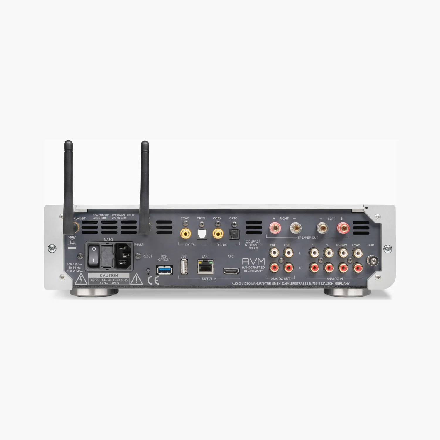 AVM CS 2.3 Rückseite mit Lautsprecherklemmen, Phono-, Digital- und HDMI-ARC-Eingang