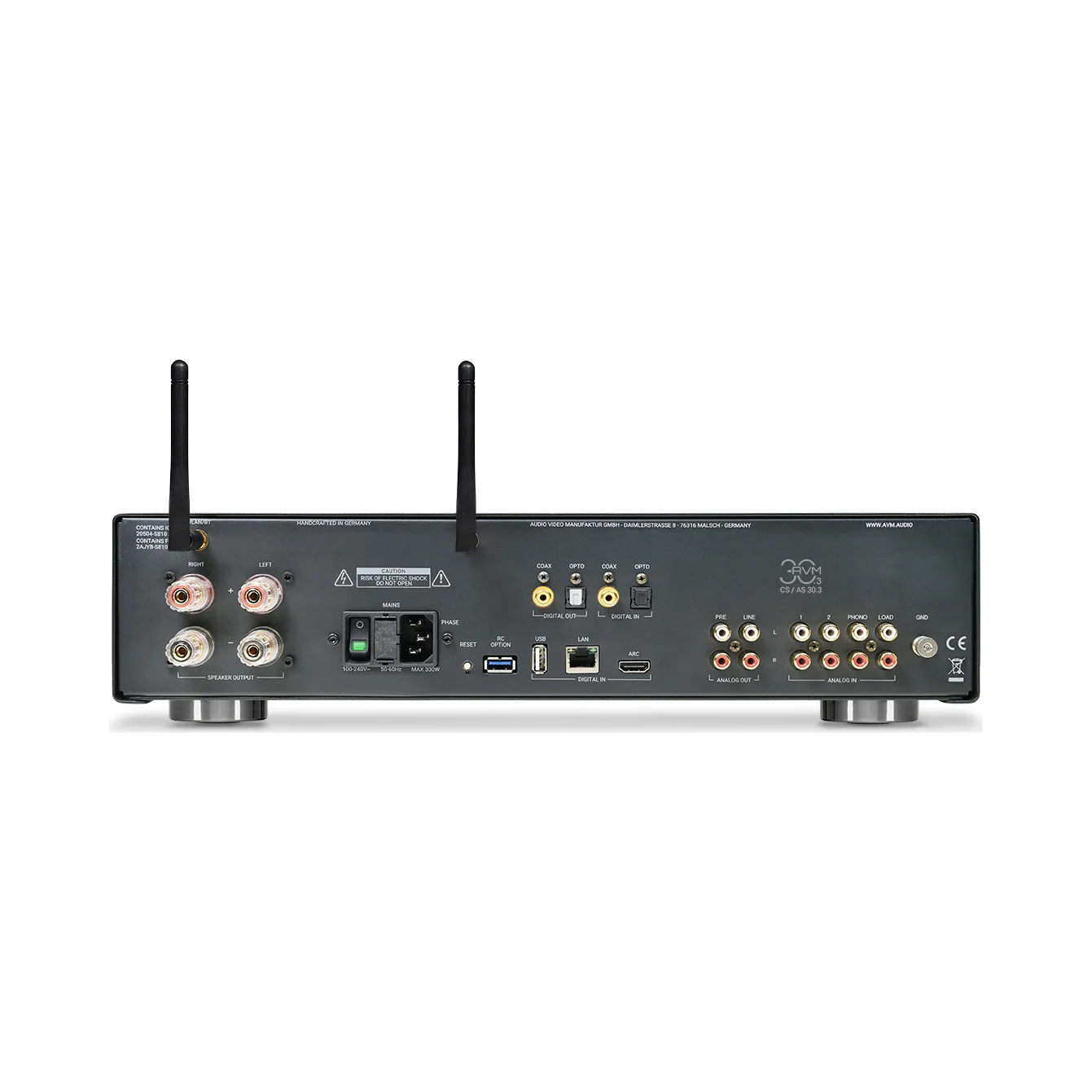AVM CS 30.3 Rückseite mit Lautsprecherklemmen, Phono-, Digital- und HDMI-ARC-Eingang