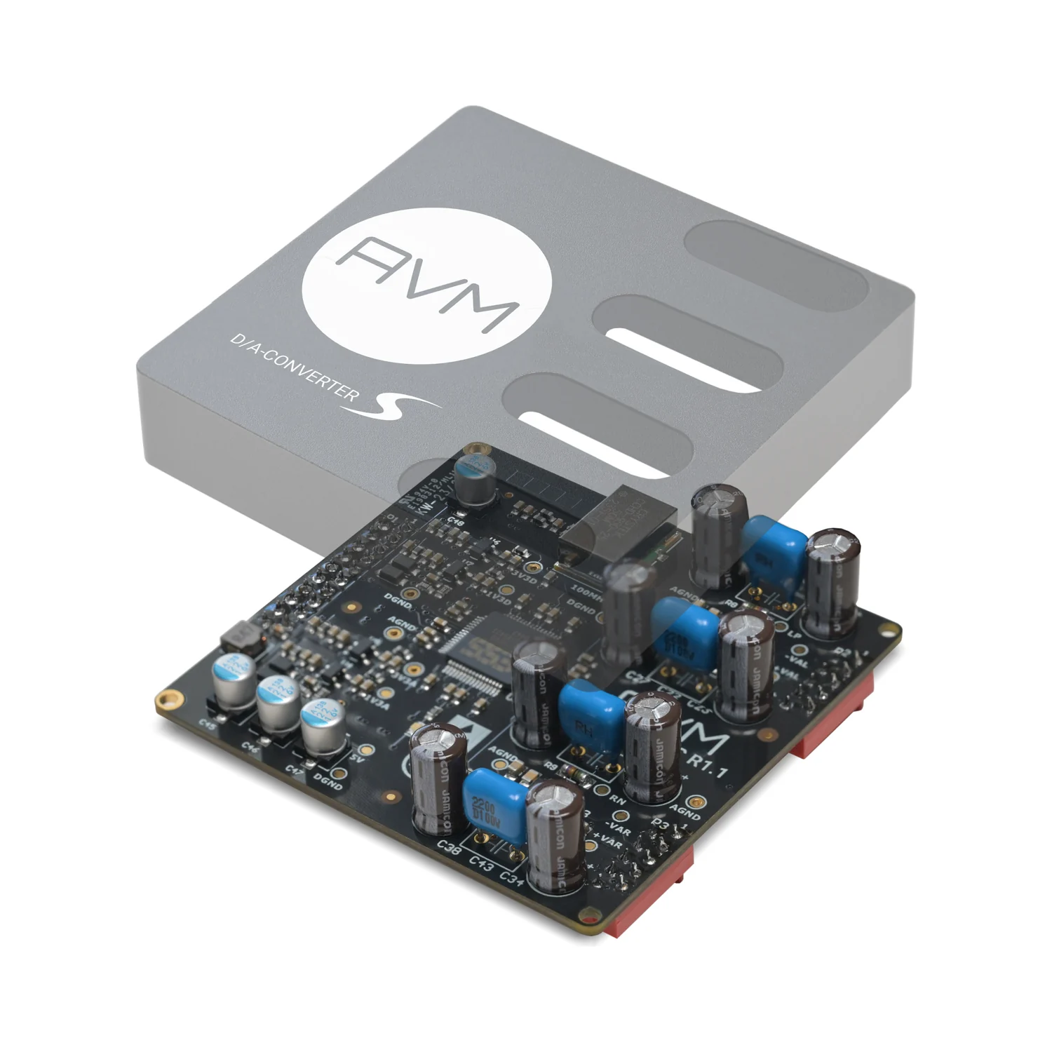 AVM DAC S mit abgehobenem Kühlblock und sichtbarer Platine