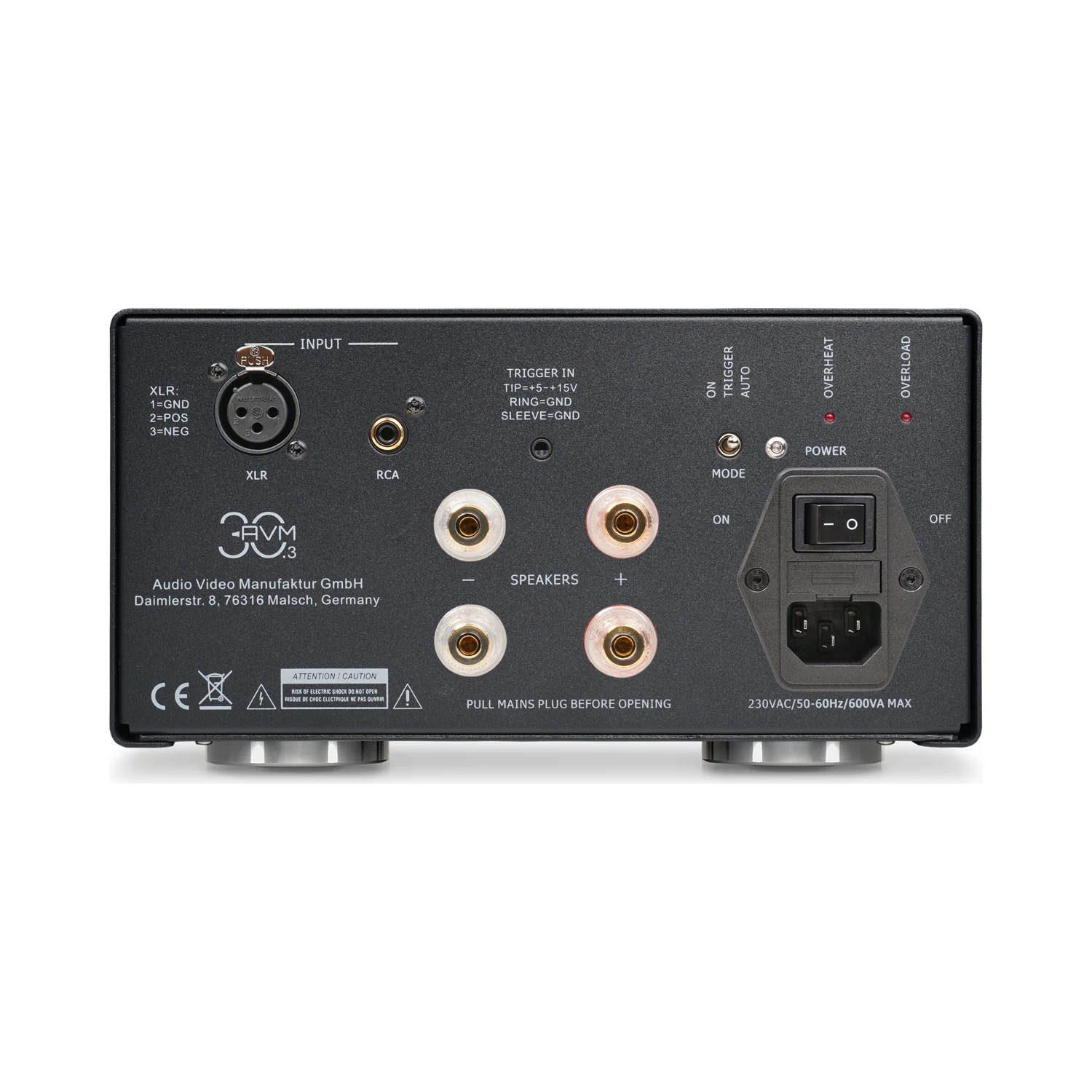 AVM MA 30.3 MK2 Rückseite mit XLR- und Cinch-Eingang sowie Bi-Wiring-Lautsprecherklemmen