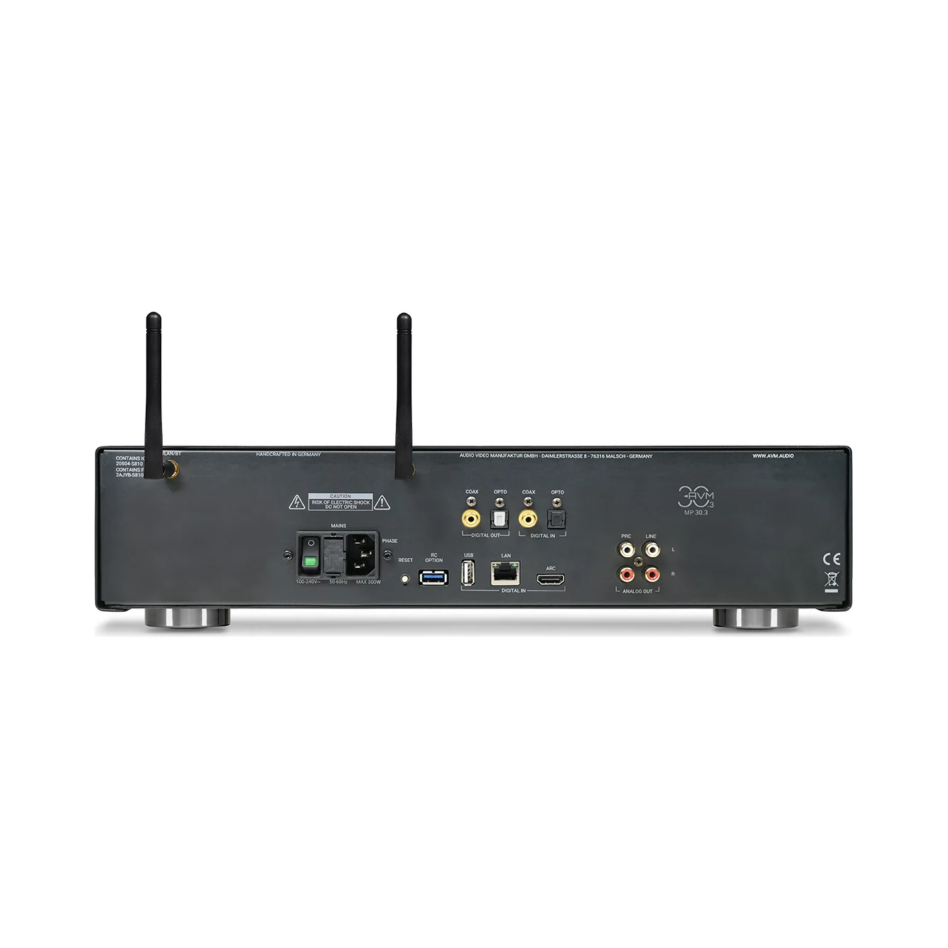AVM MP 30.3 Rückseite mit Digitalein- und -ausgängen, HDMI ARC und Cinch-Ausgängen