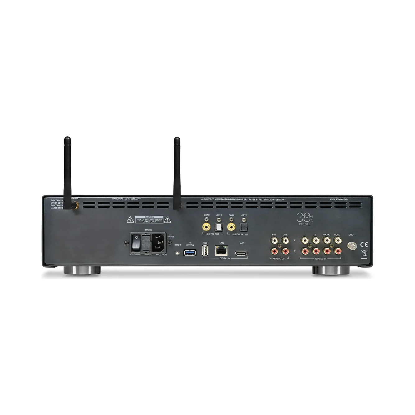 AVM PAS 30.3 Rückseite mit Phono-, Digital- und HDMI-ARC-Eingang sowie Pre-Out