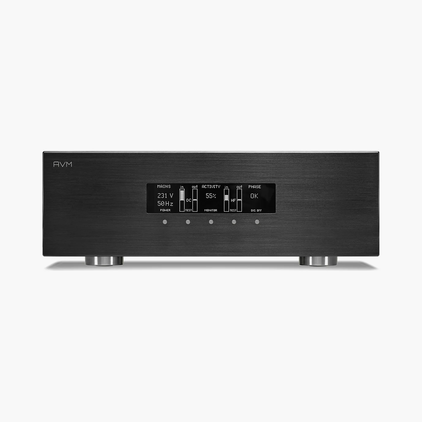 AVM PC 5.3 Netzaufbereiter in Alu Black, Frontansicht mit OLED-Display