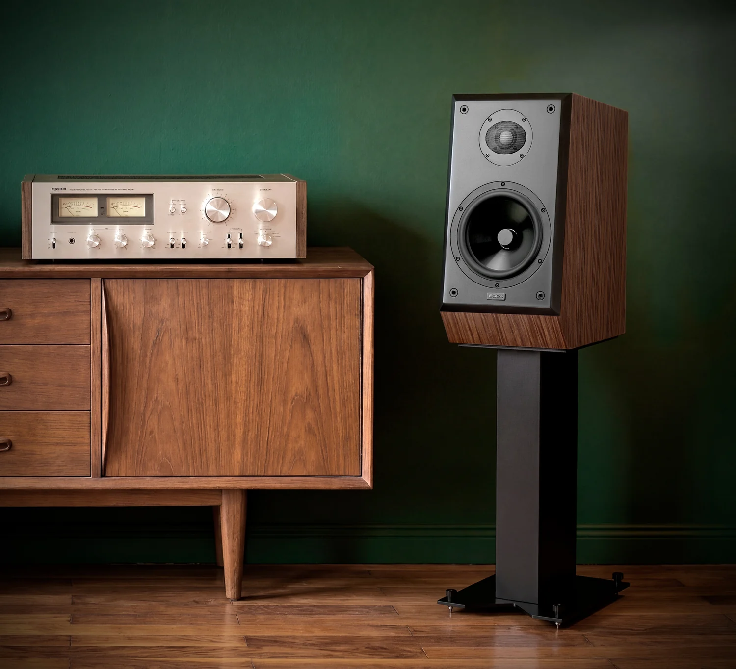 epos ES-14N in Walnut (braun) auf dem passenden Ständer im Wohnraum
