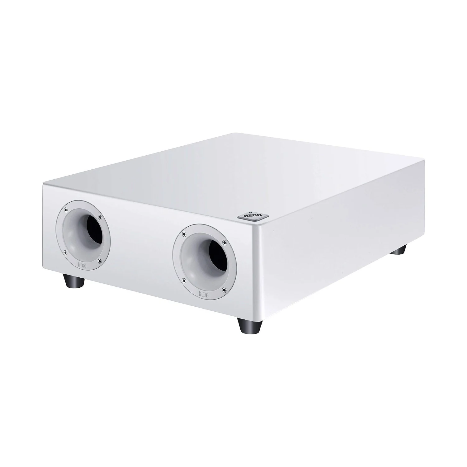 Heco Ambient Sub 88 F in Seidenmatt Weiss, Schrägansicht mit den beiden Bassreflexöffnungen