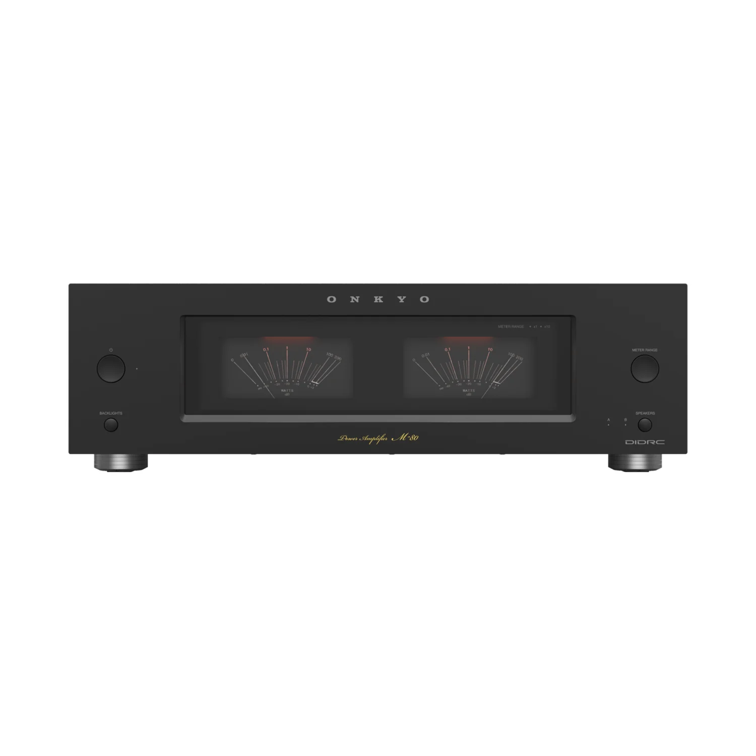 Onkyo Icon M-80 in Schwarz mit beleuchteten Zeigerinstrumenten, Ansicht von vorn