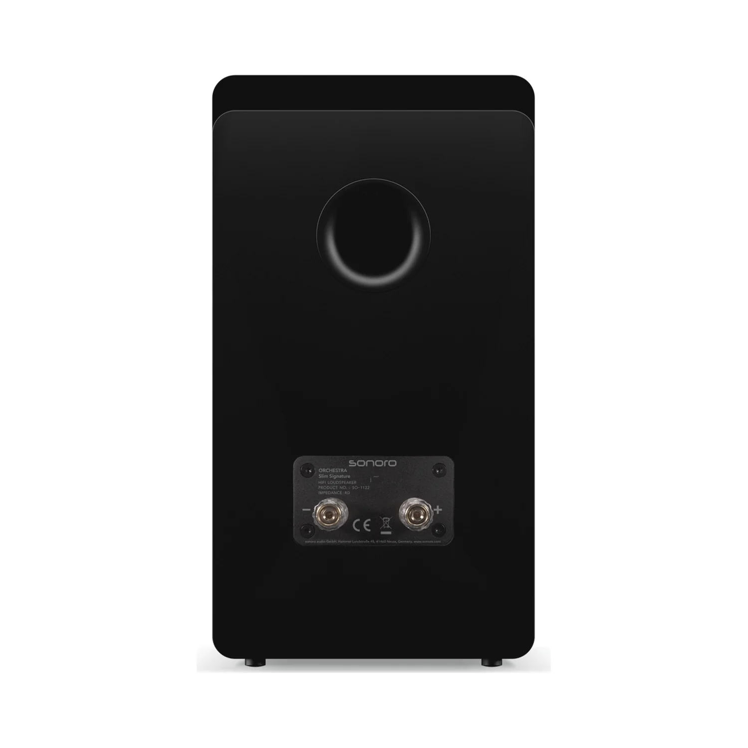 Rückseite des sonoro ORCHESTRA Slim Signature mit Bassreflexrohr und Signature-Terminal