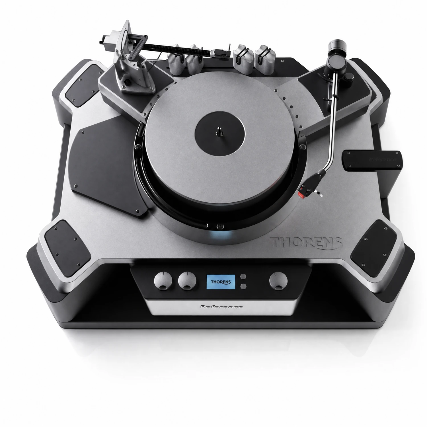 Thorens New Reference Plattenspieler in Schwarz-Silber, Ansicht von schräg oben