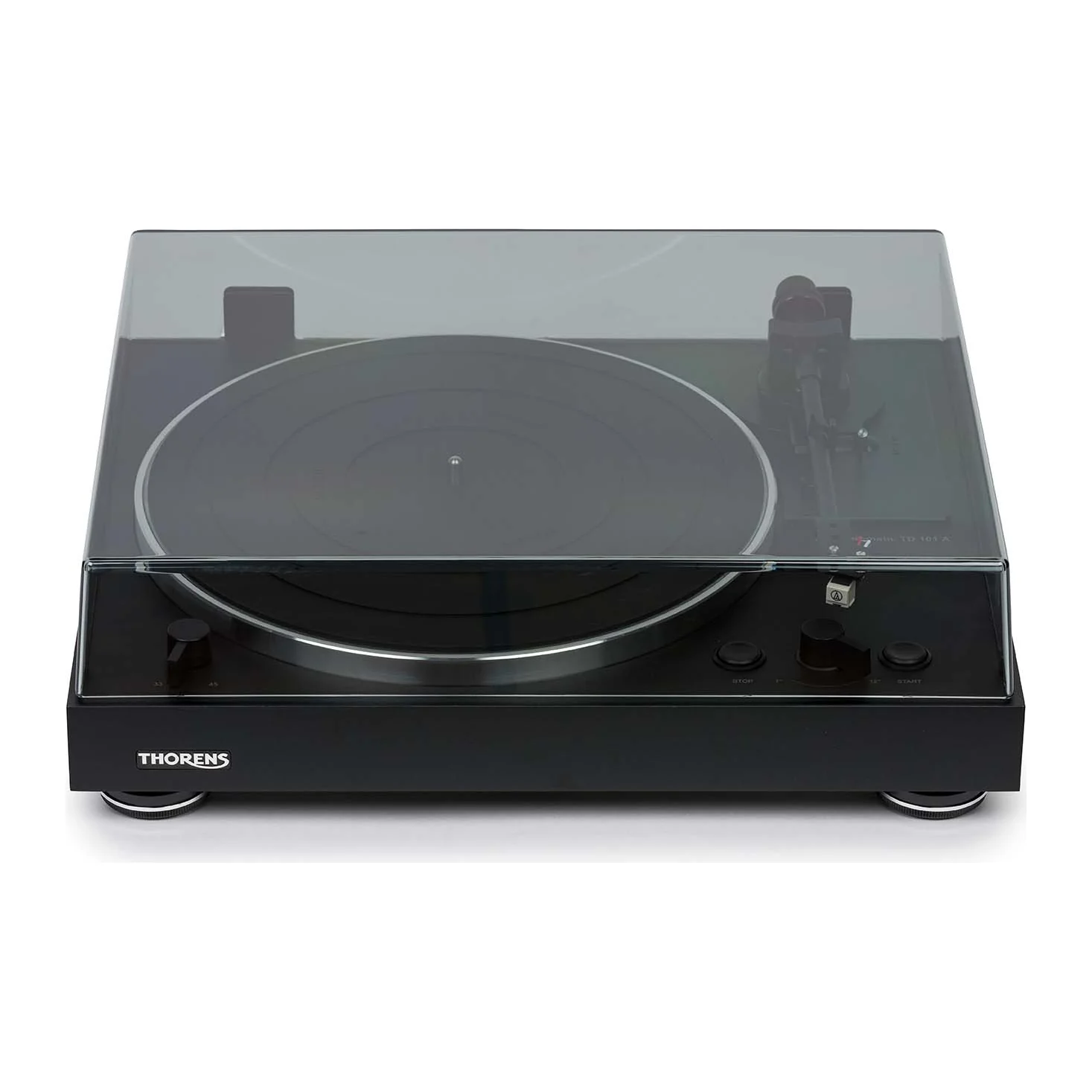 Thorens TD 101 A vollautomatischer Plattenspieler in Schwarz, Frontansicht mit Staubschutzhaube