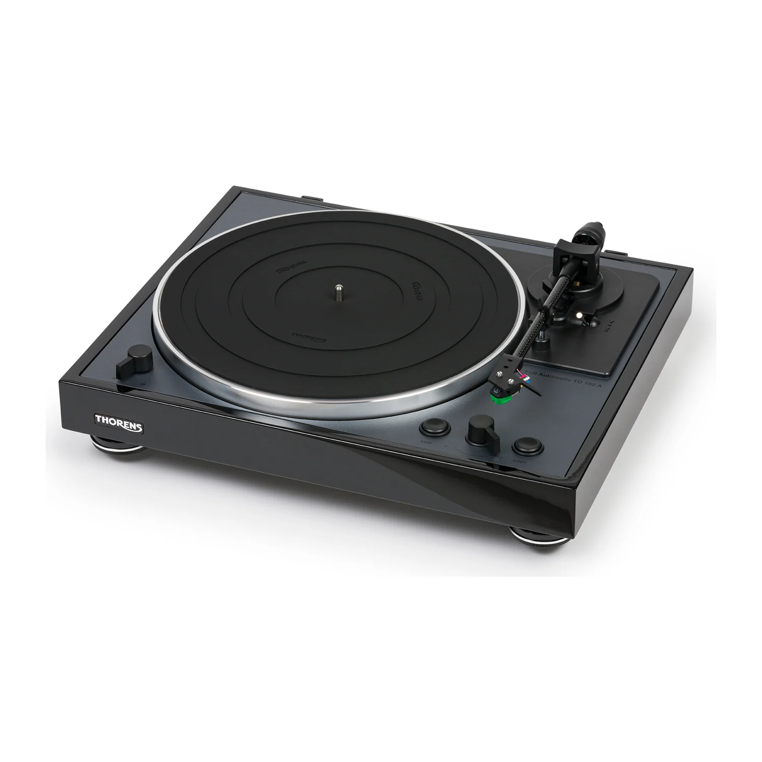 Thorens TD 102 A vollautomatischer Plattenspieler in Schwarz Hochglanz, Frontansicht