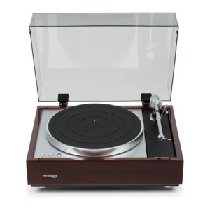 Thorens TD 1600 Plattenspieler in Nussbaum, Frontansicht mit Haube