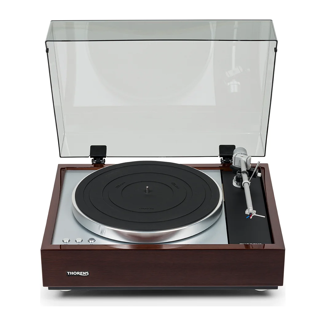 Thorens TD 1600 Plattenspieler in Nussbaum, Frontansicht mit Haube