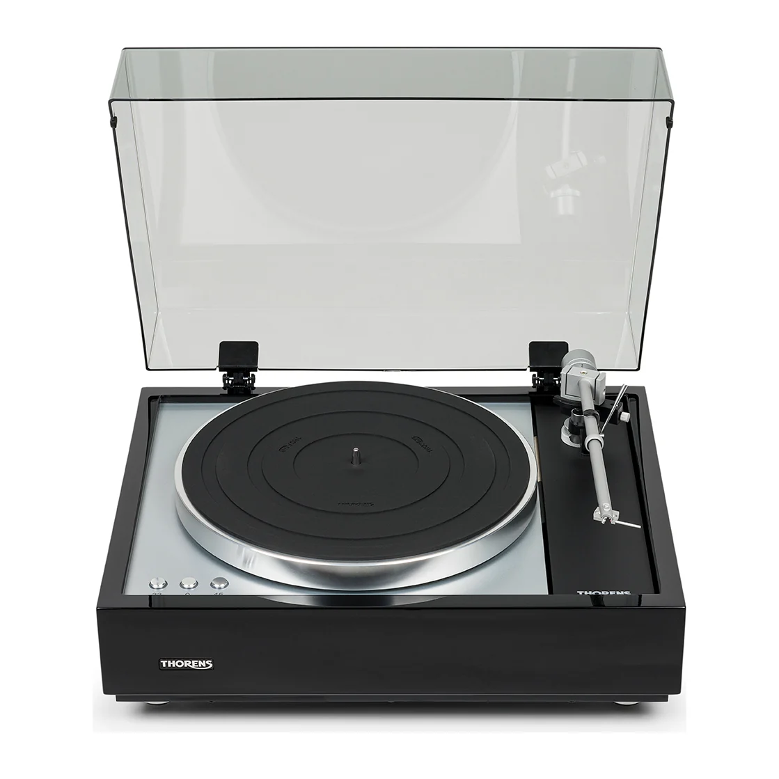 Thorens TD 1600 Plattenspieler in Schwarz Hochglanz, Frontansicht mit Haube