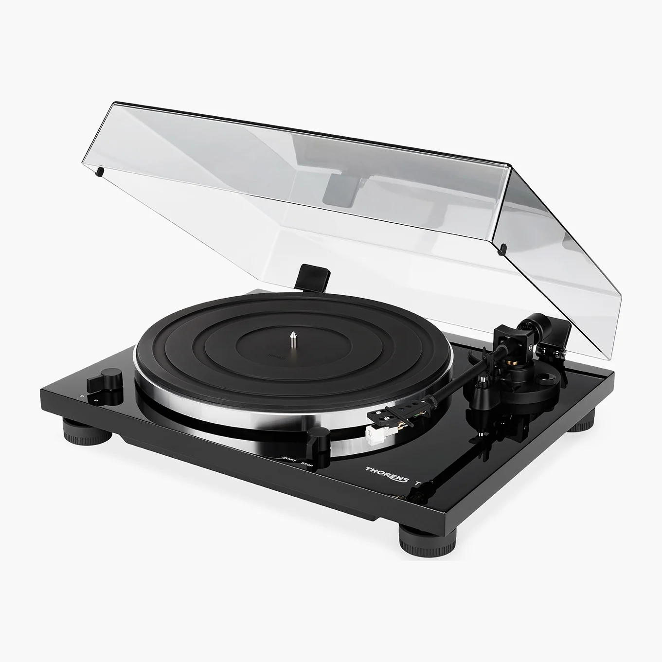 Thorens TD 201 manueller Plattenspieler in Schwarz Hochglanz mit geoeffneter Haube