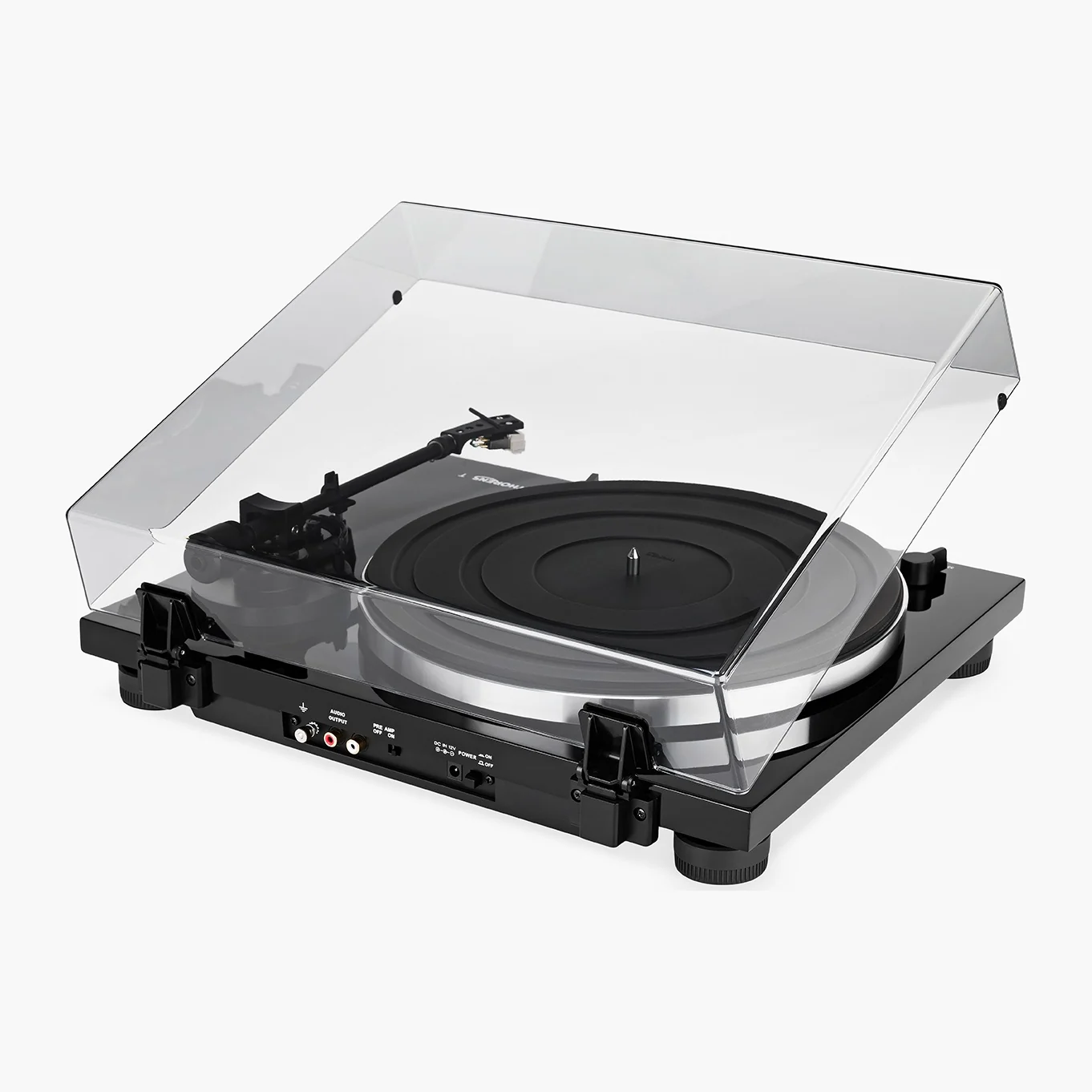 Thorens TD 201 Rueckansicht mit Anschlussterminal und umschaltbarer Phonovorstufe