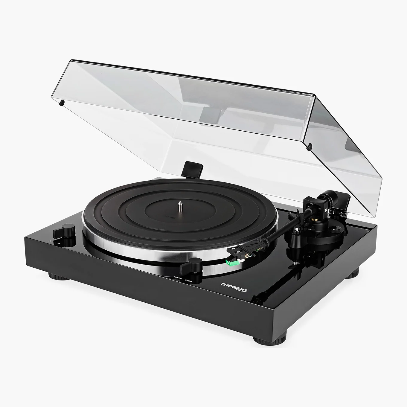 Thorens TD 202 manueller Plattenspieler in Schwarz Hochglanz mit geoeffneter Haube