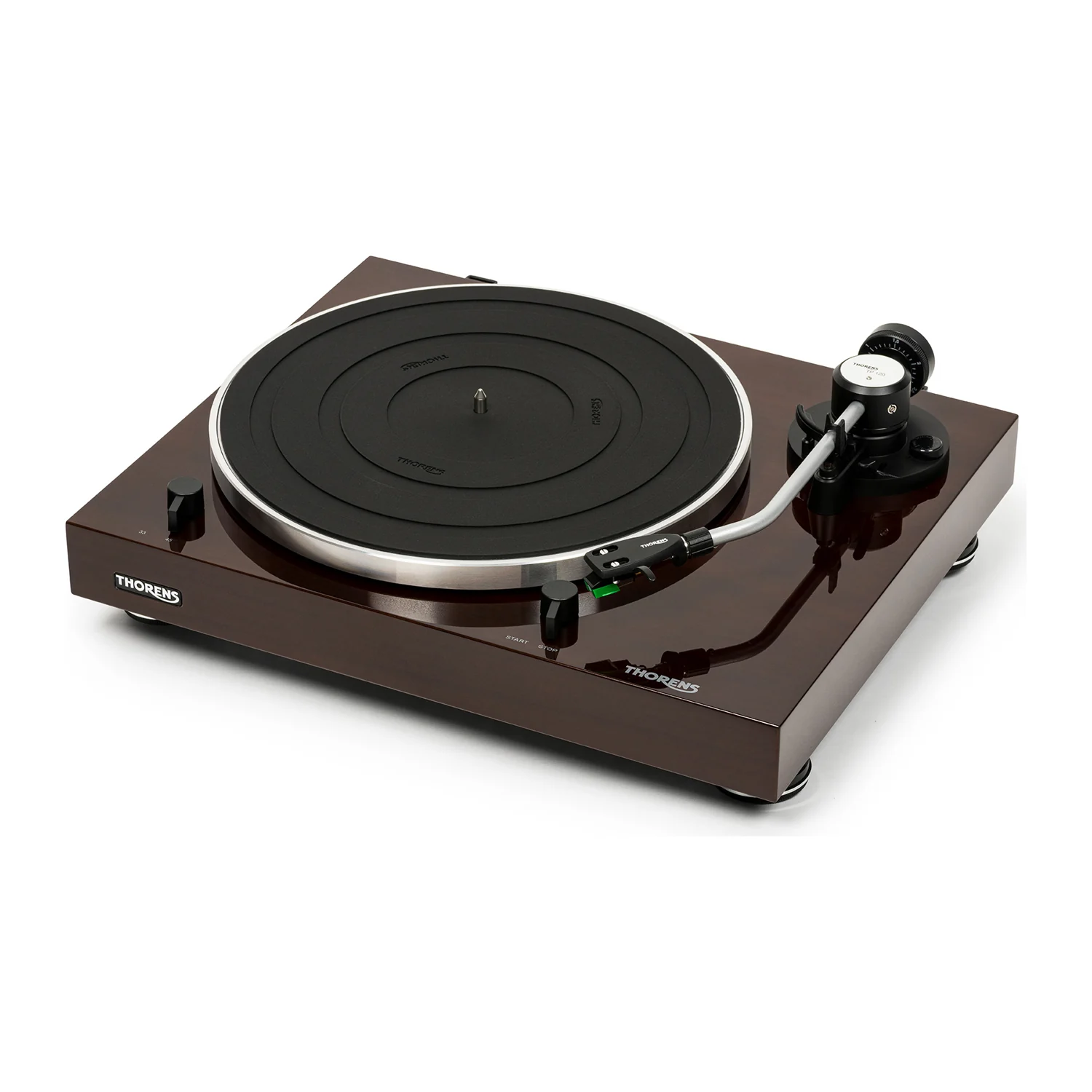 Thorens TD 204 manueller Plattenspieler in Nussbaum Hochglanz, Frontansicht