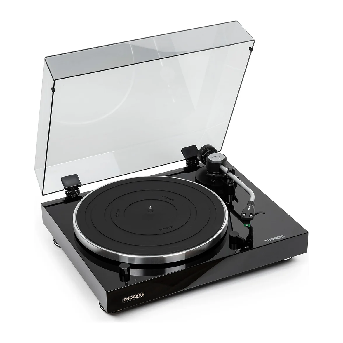 Thorens TD 204 manueller Plattenspieler in Schwarz Hochglanz mit geoeffneter Haube