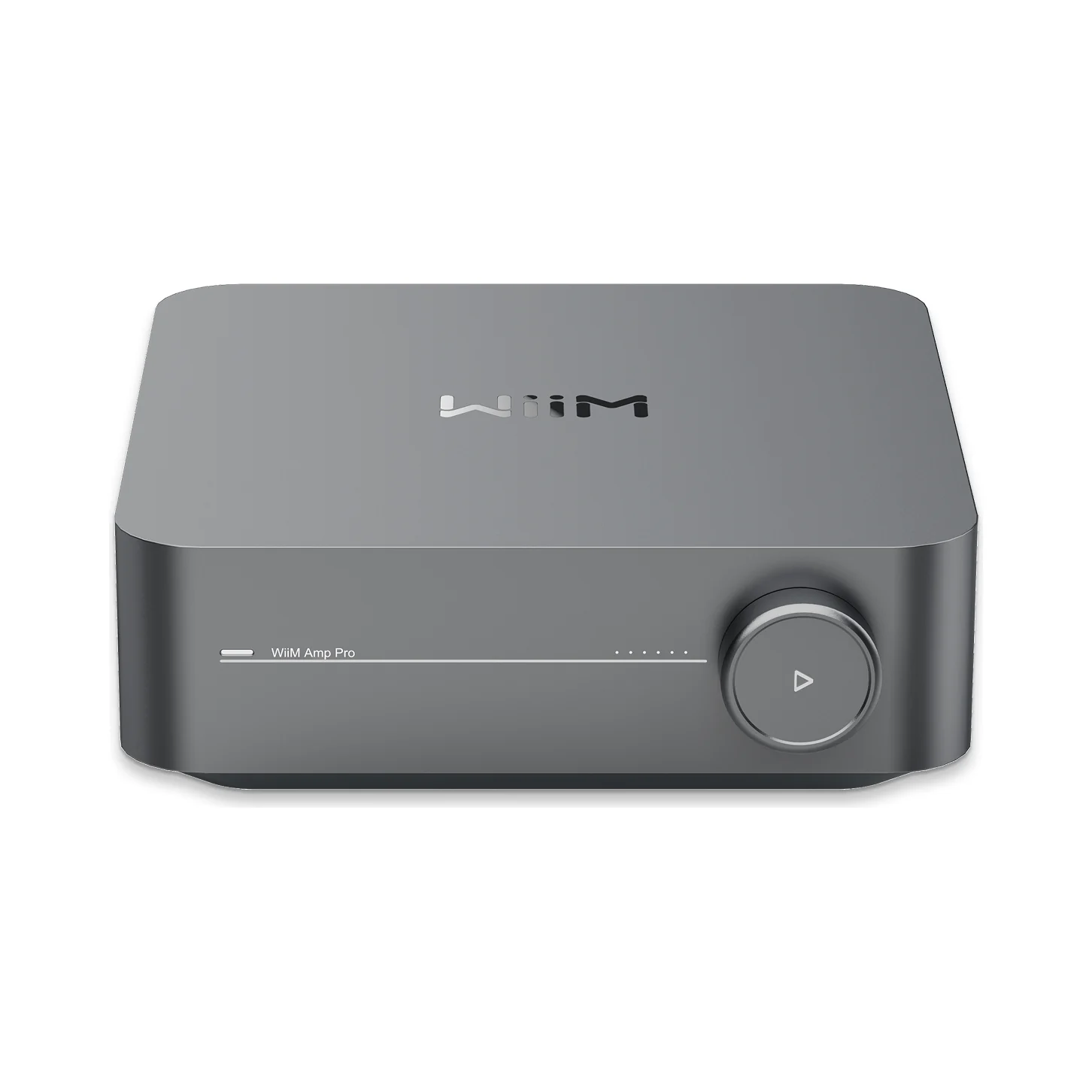WiiM Amp Pro Streaming-Verstärker in Space Gray (grau), Ansicht von vorn mit Lautstärkeregler