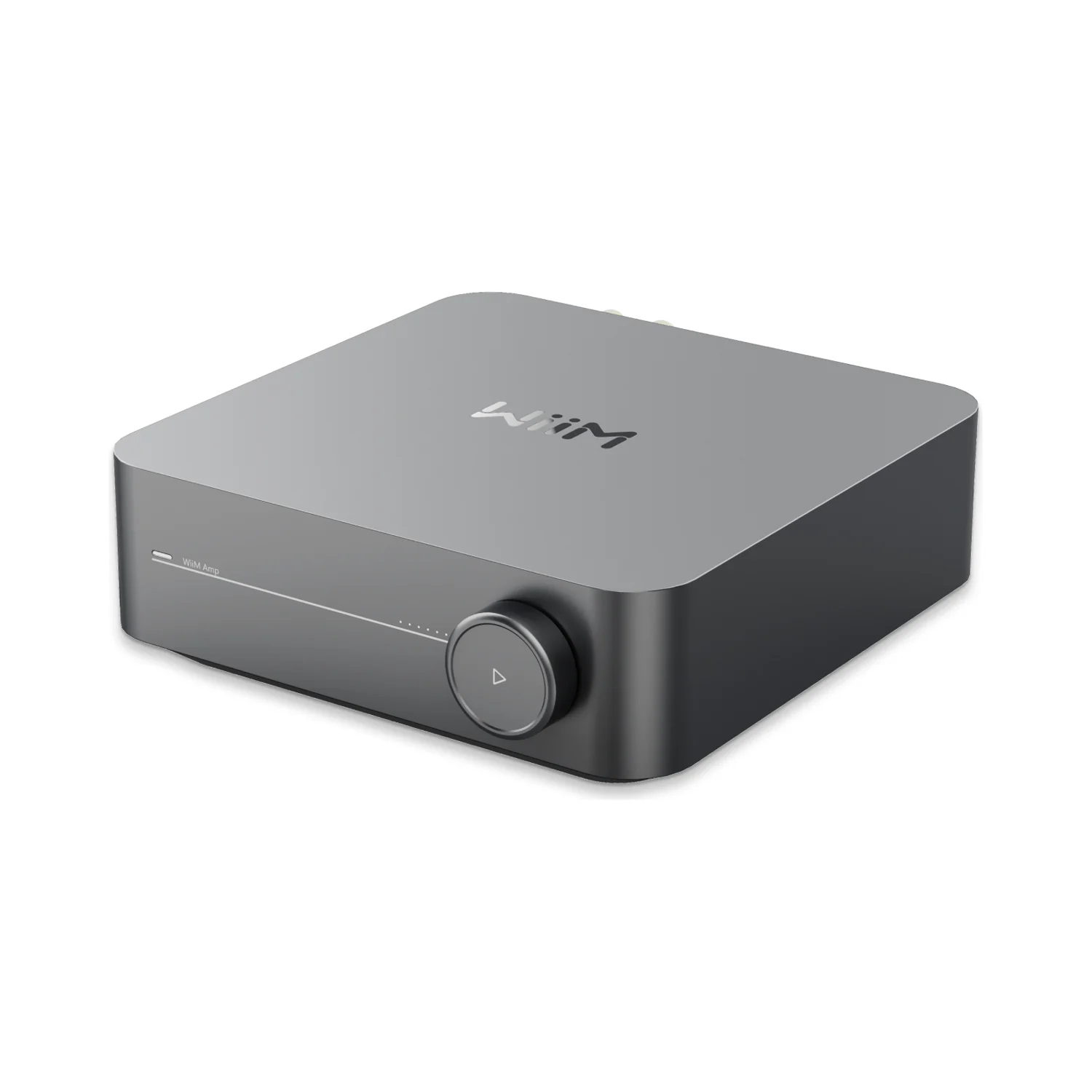 WiiM Amp Streaming-Verstärker in Space Gray (grau), Ansicht von vorn mit Lautstärkeregler