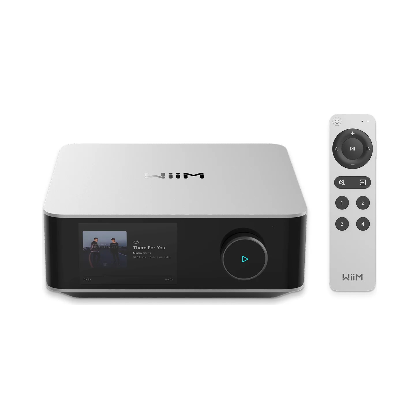 WiiM Amp Ultra Streaming-Verstärker in Silver (silber) mit Touchdisplay und beiliegender Fernbedienung