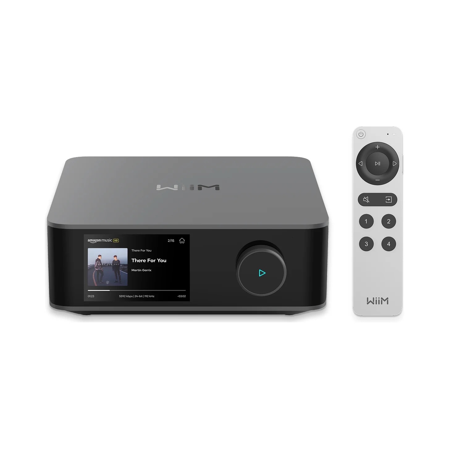 WiiM Amp Ultra Streaming-Verstärker in Space Gray (grau) mit Touchdisplay und beiliegender Fernbedienung