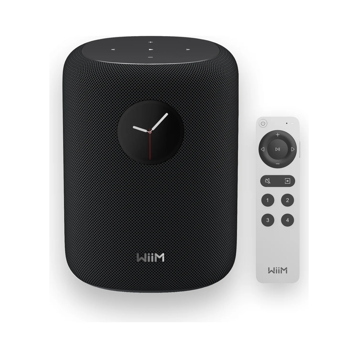 WiiM Sound Aktivlautsprecher in Black (schwarz) mit der beiliegenden Sprachfernbedienung