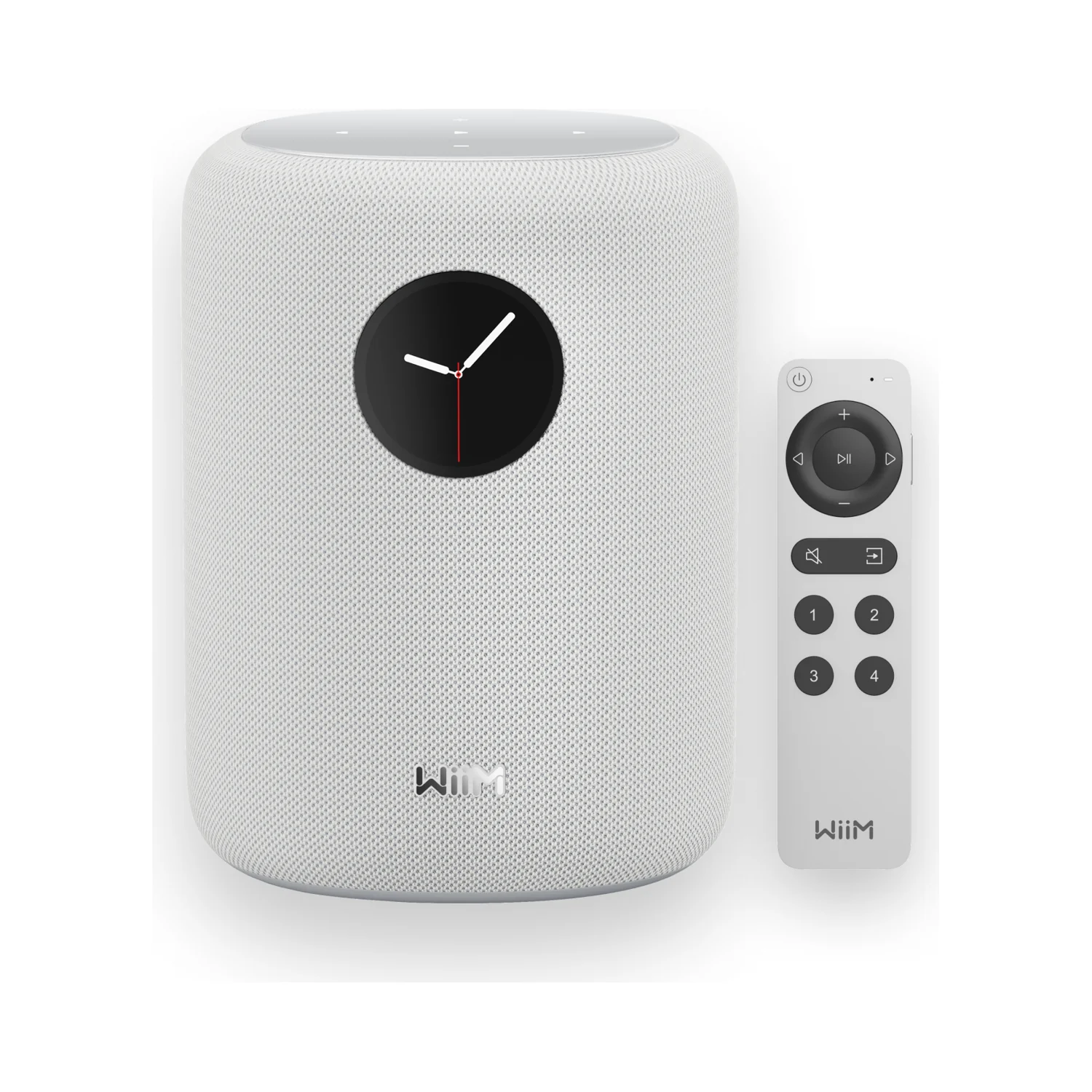WiiM Sound Aktivlautsprecher in White (weiss) mit der beiliegenden Sprachfernbedienung