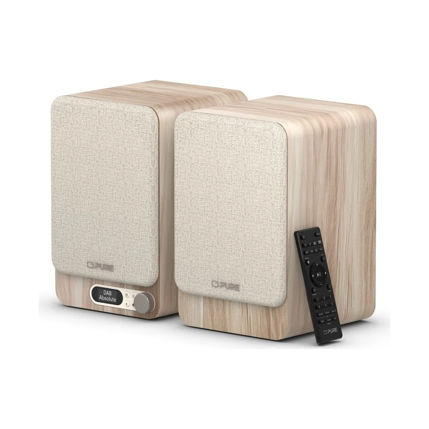 Pure Classic Active in Weiss/Eiche, beide Lautsprecher mit Fernbedienung