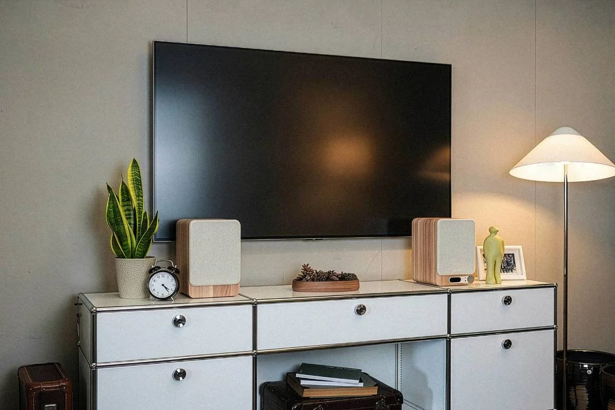 Pure Classic Active in Weiss/Eiche auf einem Sideboard unter dem Fernseher