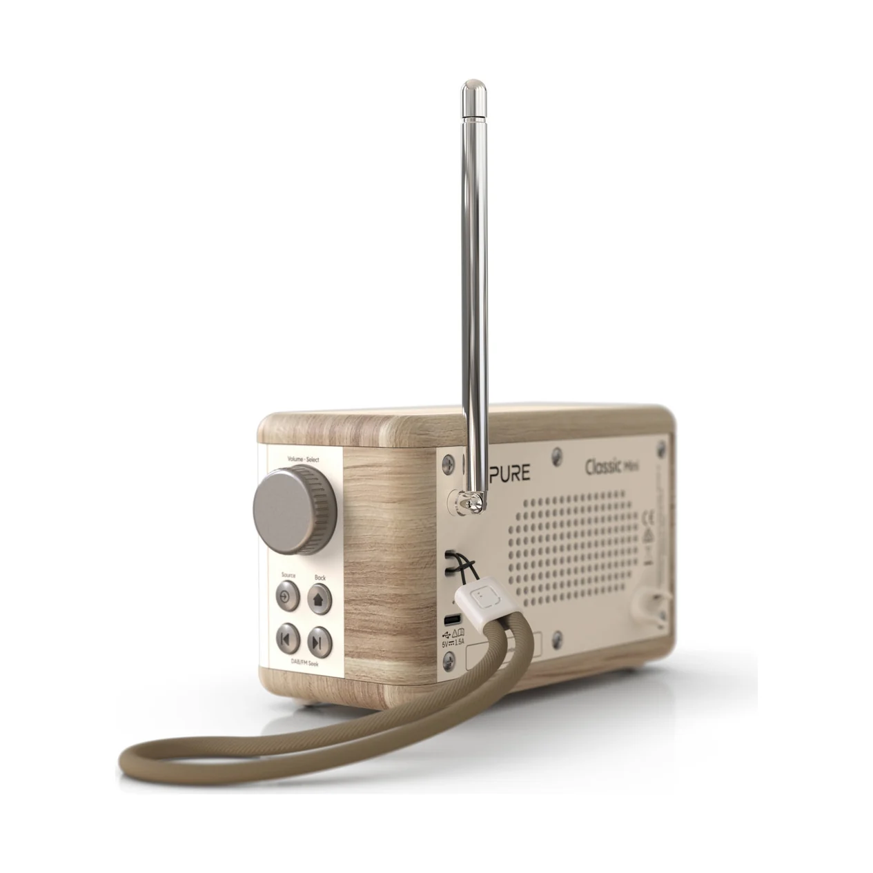 Pure Classic Mini in Weiss/Eiche mit ausgezogener Teleskopantenne
