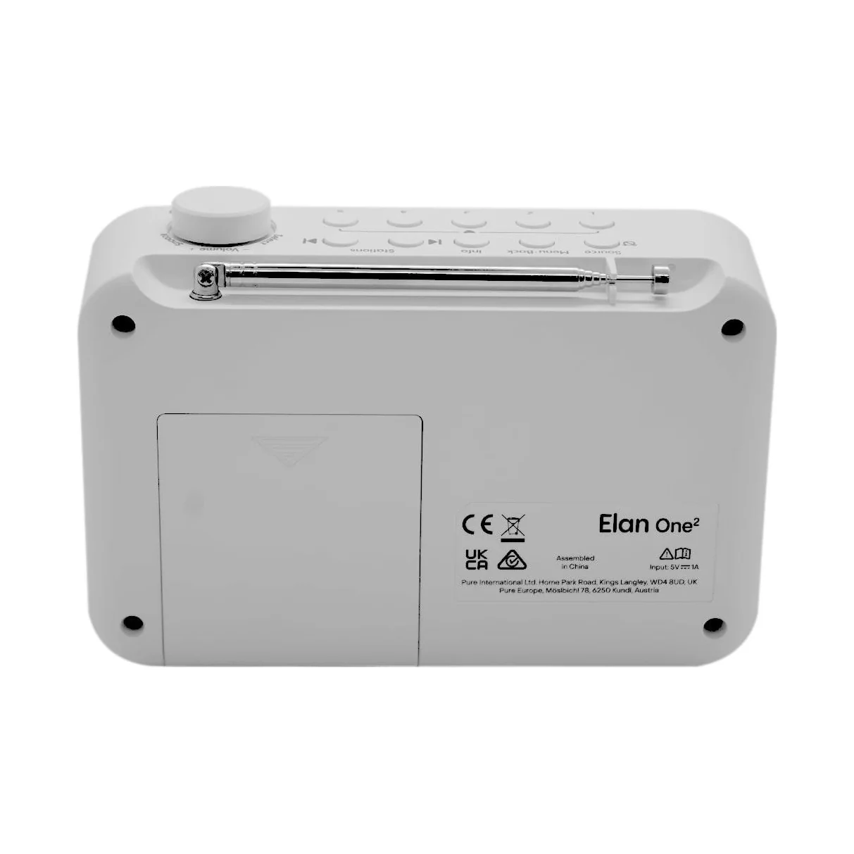 Pure Elan One² in Weiss, Rückseite mit Teleskopantenne und Batteriefach