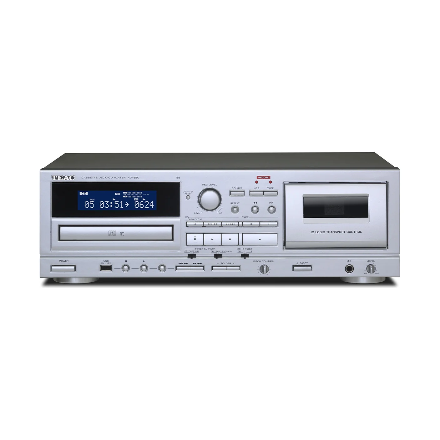 TEAC AD-850-SE CD-Player mit Kassettendeck in Silber, Frontansicht